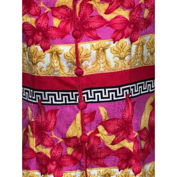 Vintage 100% Silk Floral Patterned Button Up Light Soft Jacket Vibrant Pink Gold - Picture 9 of 15